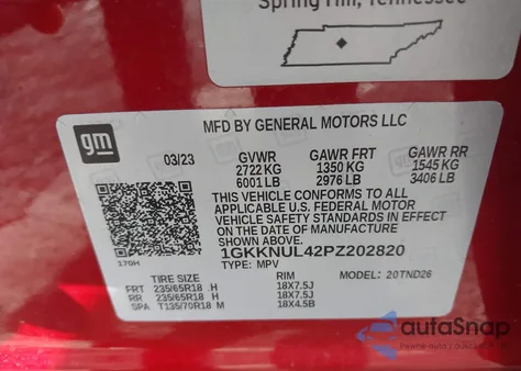 2023 GMC Acadia Awd Slt из США, поврежденный, VIN 1GKKNUL42PZ202820